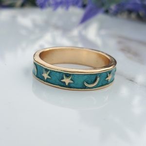 Gold Aqua Crescent Moons & Stars Ring